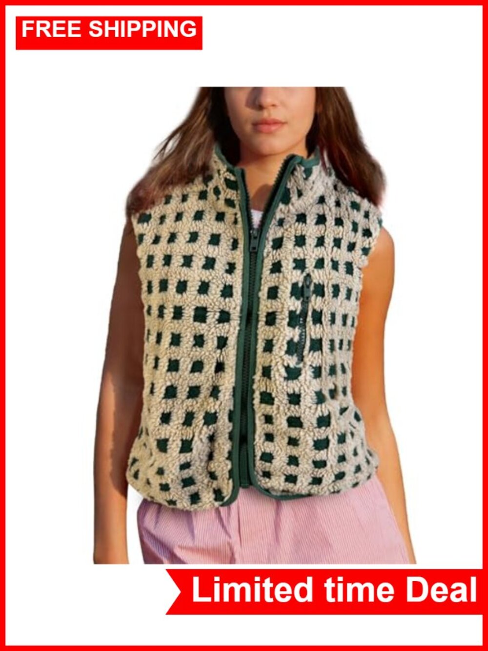 Songling Fleece Vest Women Sherpa Cropped Zip Waistcoat